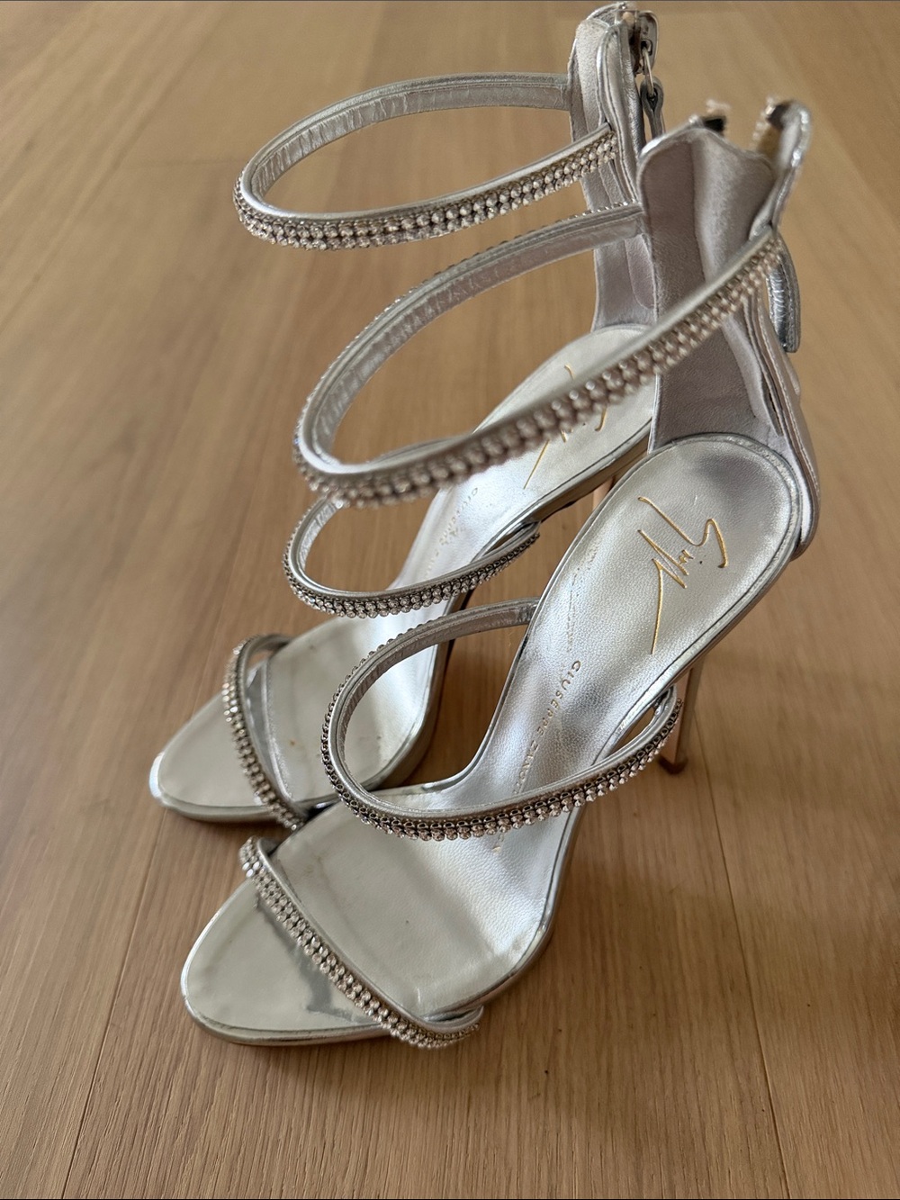 Giuseppe Zanotti Silver Crystal-Embellished Strappy High Heels